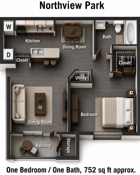 Floor plan for 1 bed, 1 bath, 752 sqft